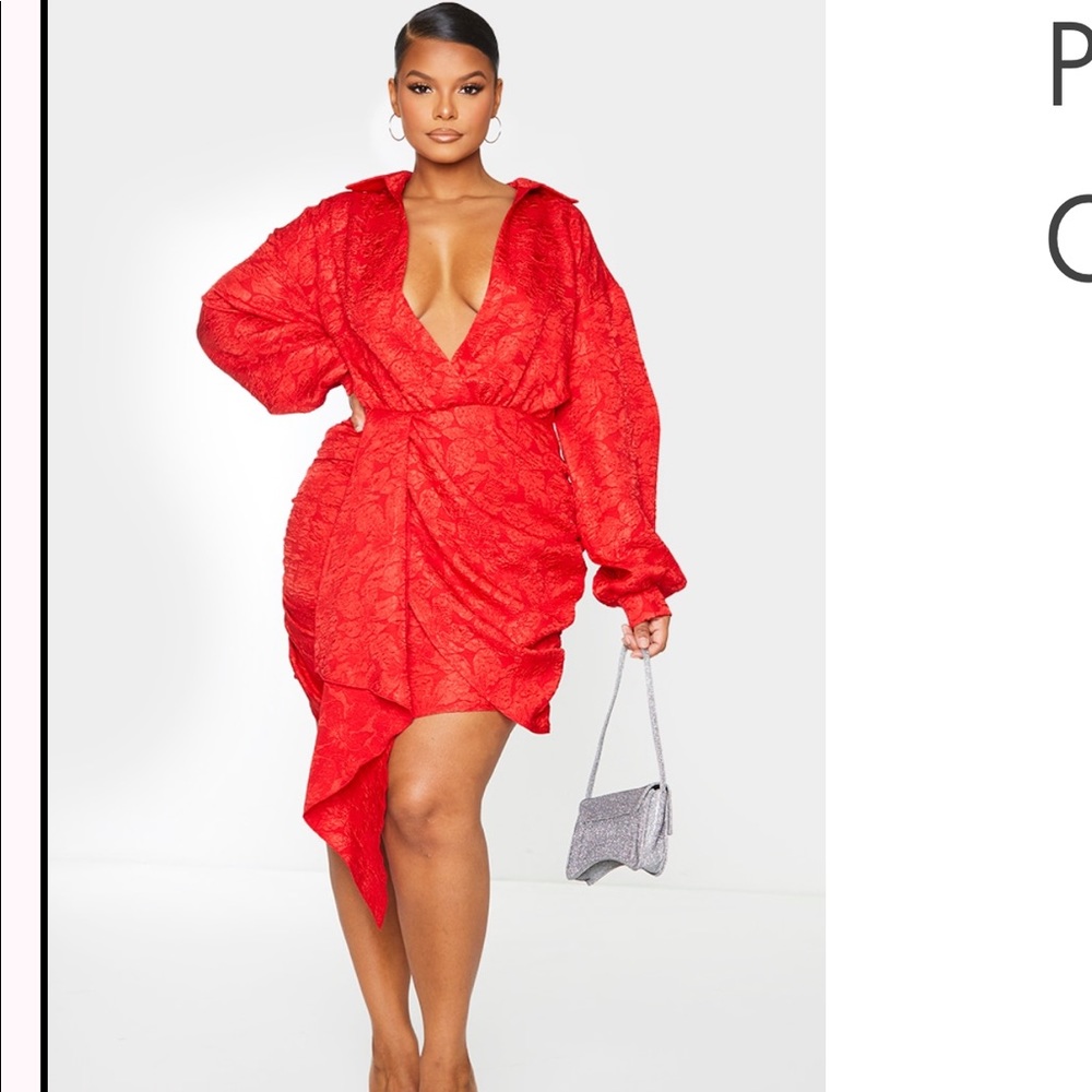 Plus Red Textured Floral Wrap Dress